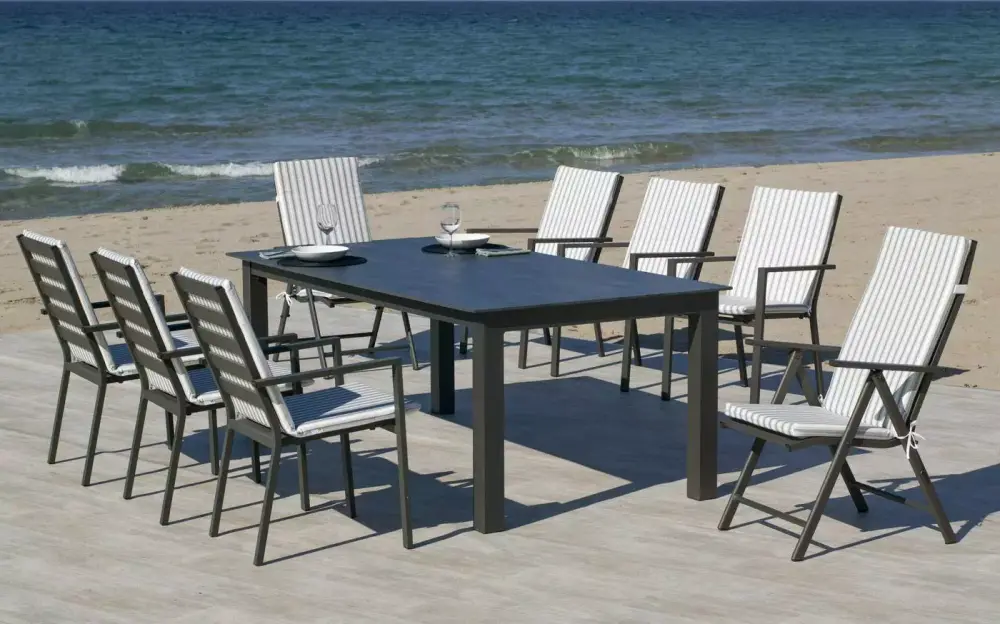 Mesa de comedor rectangular en aluminio antracita y tablero HPL Camelia